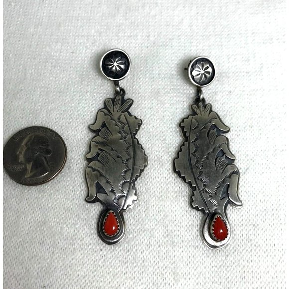 Sterling Silver Stamped Corn Husks & Coral Dangle Earrings - Signed - 3" - Picture 3 of 6